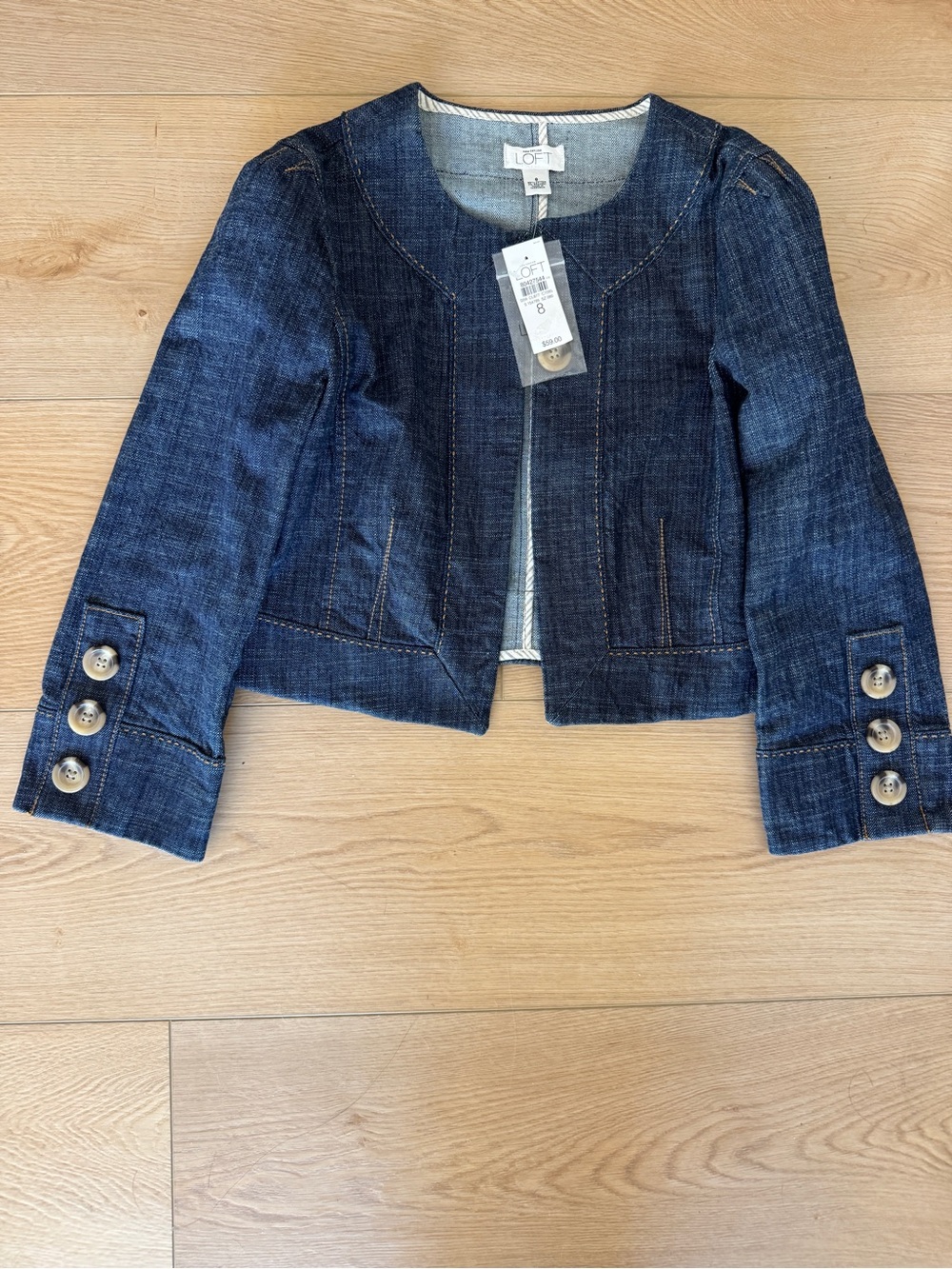 NWT LOFT Dark Blue Denim Cropped Jacket with Button Cuff Detail